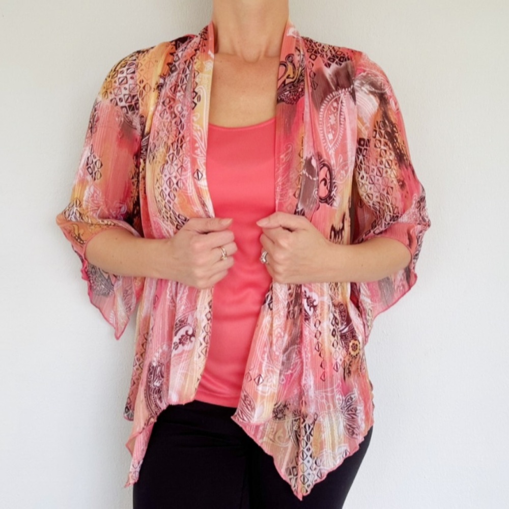 Sara Michelle Petite pink colorful attached waterfall drape cardigan top medium